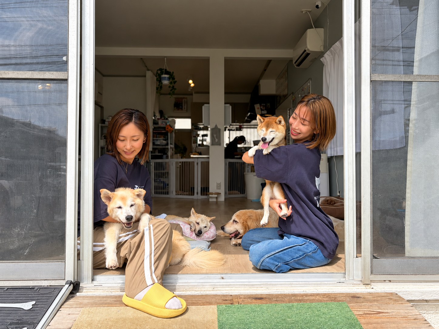 リビングで犬たちと過ごすスタッフ